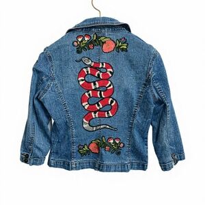 Blue Denim Jacket Upcycled With Red Snake, Butterfly Patches Streetwear Moto